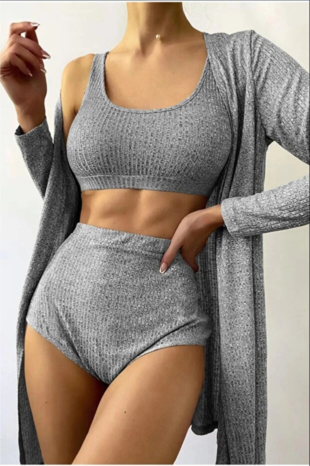 Women's Ribbed Camisole Fabric High Waist Gray Bra Panty Set