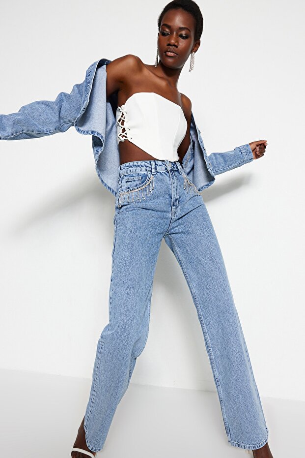 Mavi Taşlı Aksesuar Detaylı Yüksek Bel Wide Leg Jeans TWOSS23JE00204 - 6