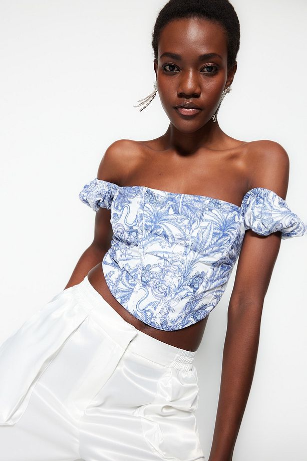 Çok Renkli Crop Astarlı Korse Detaylı Çiçek Desenli Dokuma Poplin Büstiyer TPRSS23BS00063 - 3