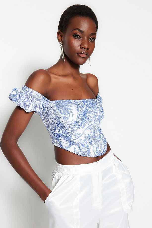 Çok Renkli Crop Astarlı Korse Detaylı Çiçek Desenli Dokuma Poplin Büstiyer TPRSS23BS00063 - 2