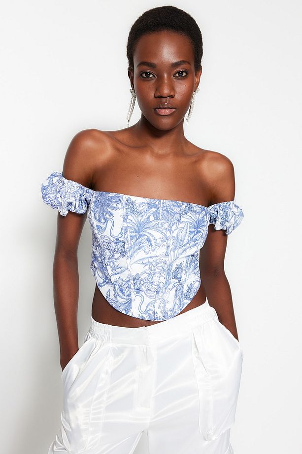 Çok Renkli Crop Astarlı Korse Detaylı Çiçek Desenli Dokuma Poplin Büstiyer TPRSS23BS00063 - 1