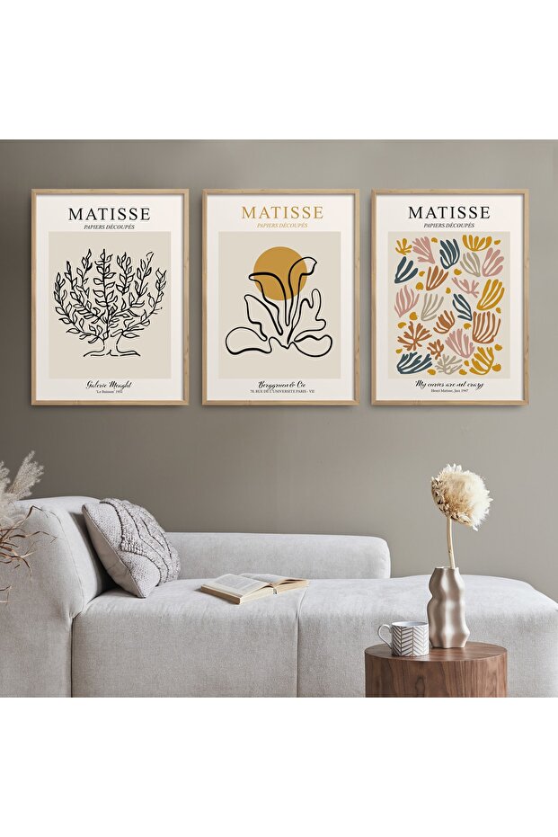 Natural Wood Framed Set of 3 Matisse Patterned Abstract Modern Art Painting Set Hpn114