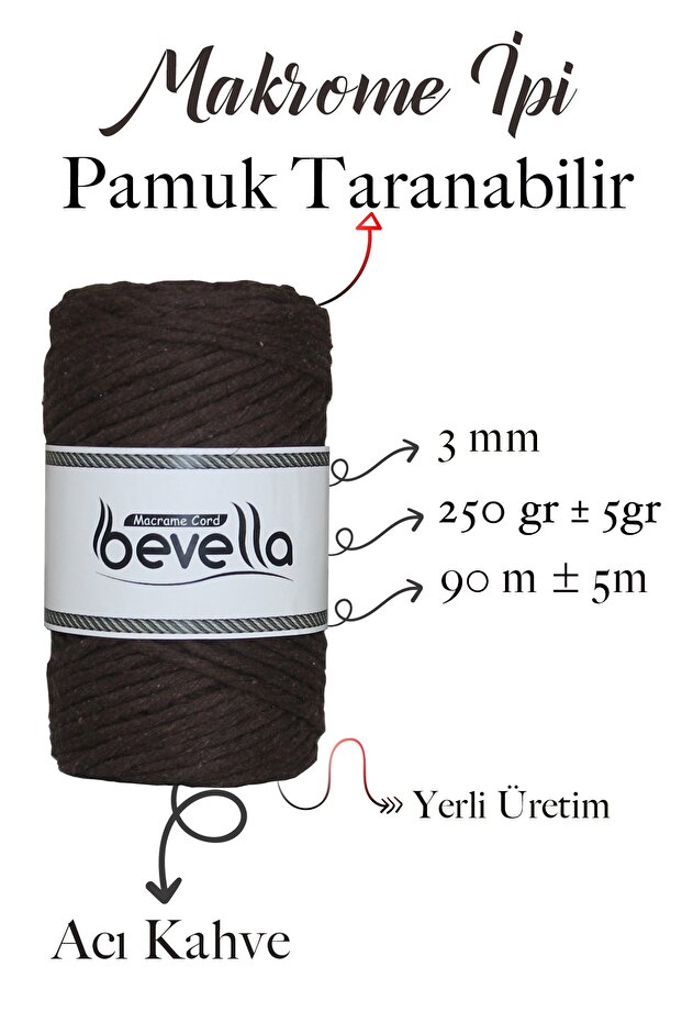 Taranan Makrome Ipi 3 mm Taranabilir Pamuk Acı Kahve - 2