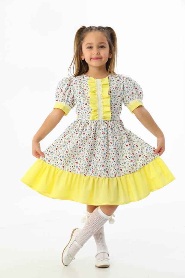 Yellow Butterfly Patterned Frilly Girl's Dress