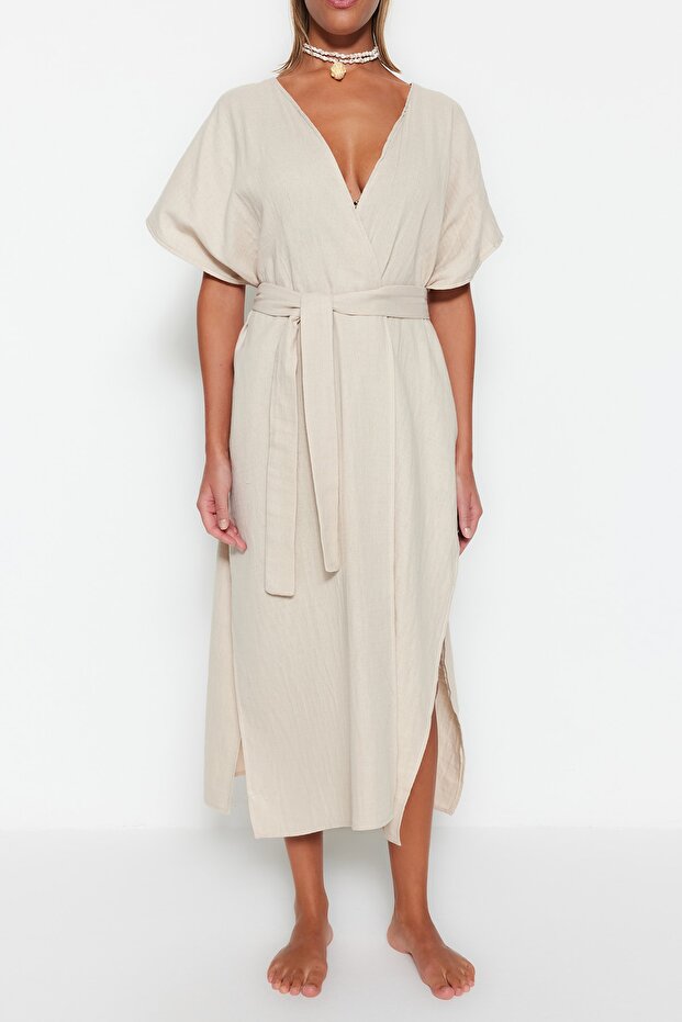 Bej Dokuma Yırtmaçlı Maxi Plaj Kuşaklı Kimono&Kaftan TBESS23KM00019 - 5