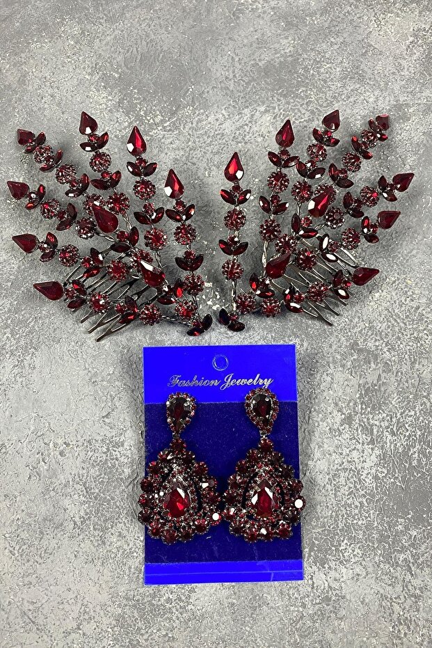 Burgundy Double Leaf Helen Model Henna Crown Hair Accessory and Drop Stone Evening Dress Earring Set – Crown