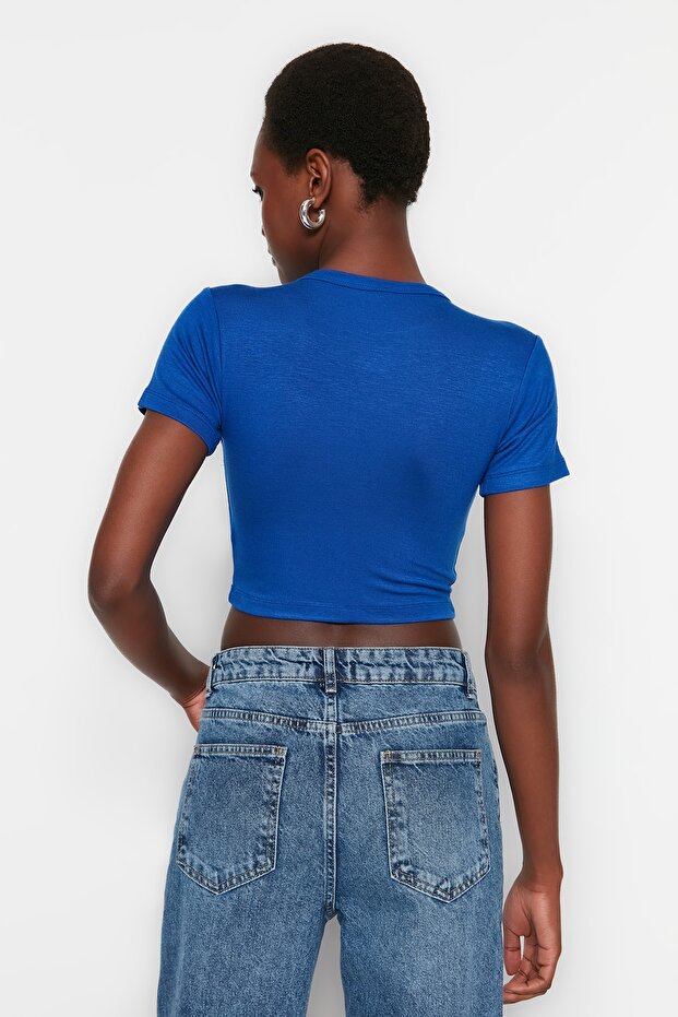 Saks-Ekru Saks Çizgili 2'li Paket Viskoz/Yumuşak Kumaş Crop Esnek Örme Bluz TWOSS23BZ00194 - 3