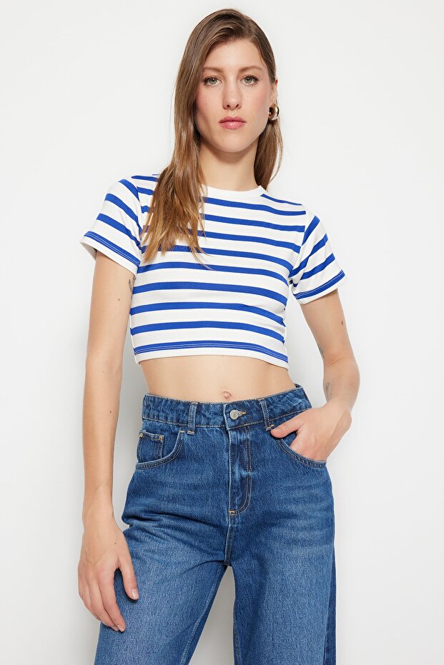 Saks-Ekru Saks Çizgili 2'li Paket Viskoz/Yumuşak Kumaş Crop Esnek Örme Bluz TWOSS23BZ00194 - 4