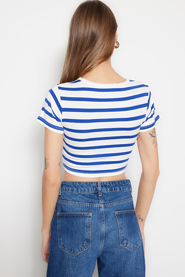 Saks-Ekru Saks Çizgili 2'li Paket Viskoz/Yumuşak Kumaş Crop Esnek Örme Bluz TWOSS23BZ00194 - 5