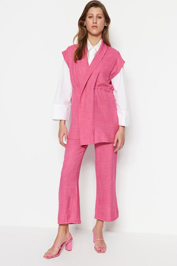 Fuşya İçten Bağlamalı Keten Görünümlü Kimono-Pantolon Dokuma Takım TCTSS23US00061 - 1