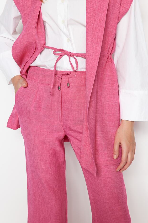 Fuşya İçten Bağlamalı Keten Görünümlü Kimono-Pantolon Dokuma Takım TCTSS23US00061 - 5