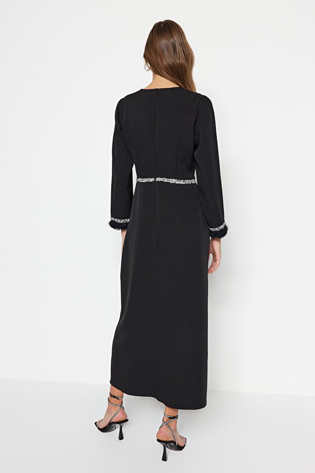 Schwarzes Abendkleid mit Steinen und Manschettendetail TCTSS23DB00039 - 6