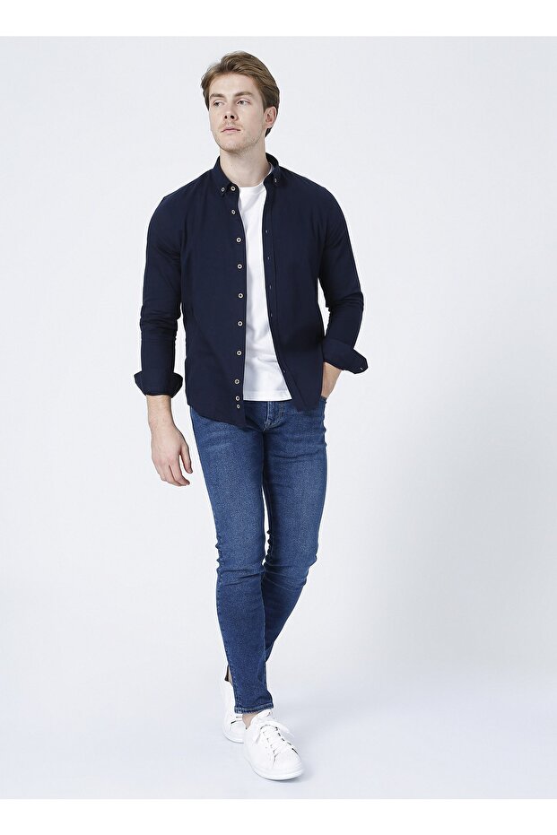Lemon Shirt Collar Navy Blue Men's Shirt E-austen-y
