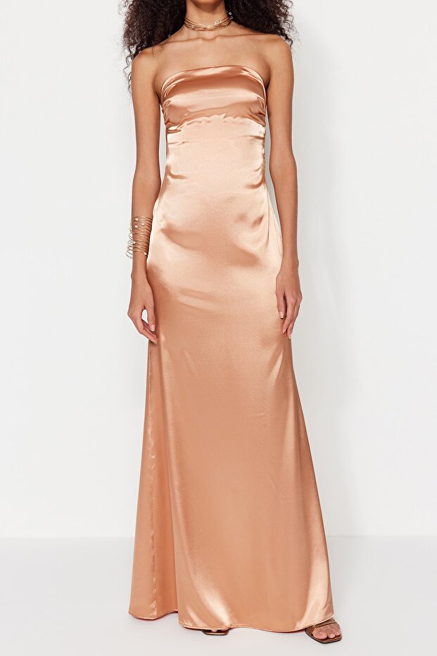 Dlouhé večerní tkané saténové šaty Losos TPRSS23AE00079 - 4