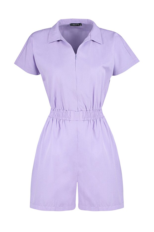 Lila Beli Lastikli Geniş Paça Mini Dokuma Tulum TWOSS22TU0014 - 7
