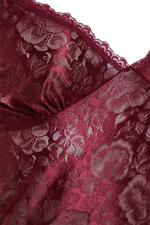 Bordo Dantelli Külotlu İp Askılı Örme Babydoll/Fantezi Gecelik THMAW21LL0002 - 7