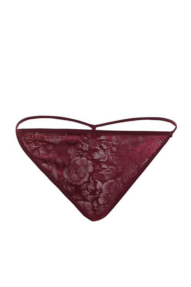 Bordo Dantelli Külotlu İp Askılı Örme Babydoll/Fantezi Gecelik THMAW21LL0002 - 9