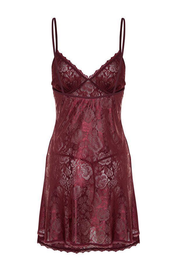Bordo Dantelli Külotlu İp Askılı Örme Babydoll/Fantezi Gecelik THMAW21LL0002 - 8