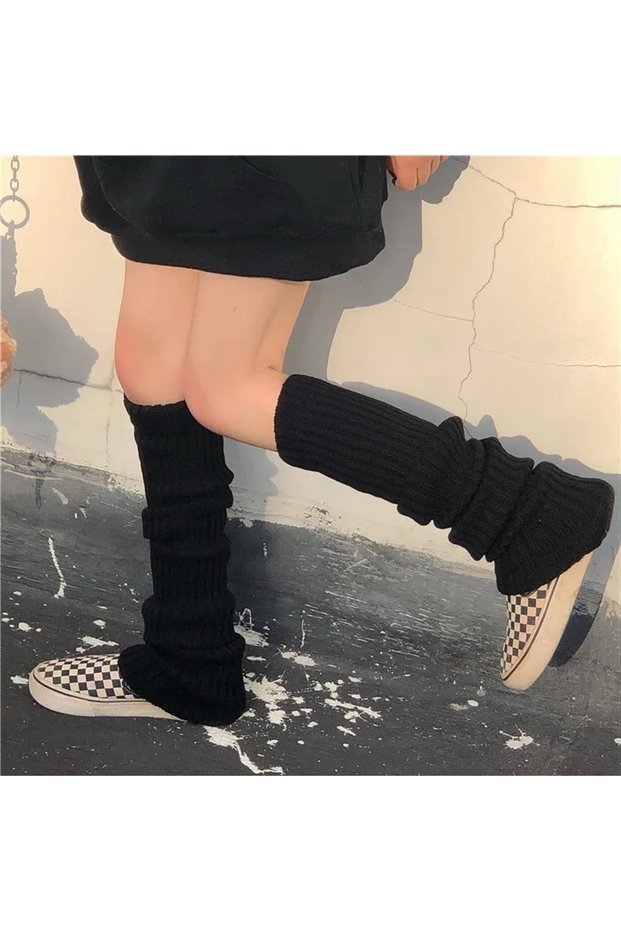 Harajuku Kawaii Plain Black Knit Winter Leggings