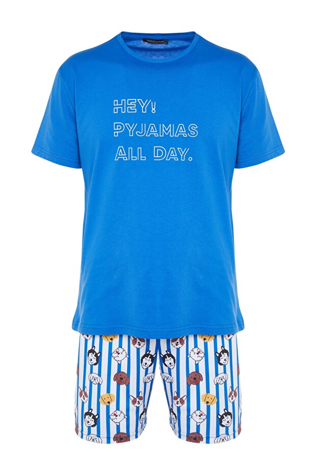 Koyu Mavi Unisex Regular Fit Baskılı Şortlu Pijama Takımı TMNSS23PT00000 - 7