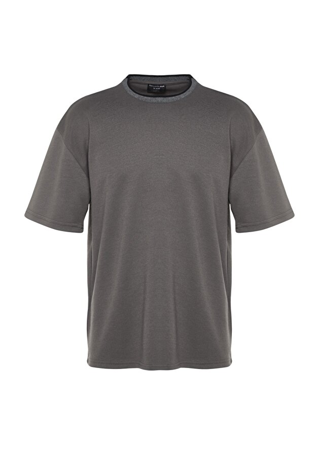 Antrasit Oversize/Geniş Kesim Triko Bantlı Dokulu Pike T-Shirt TMNSS23TS00079 - 7