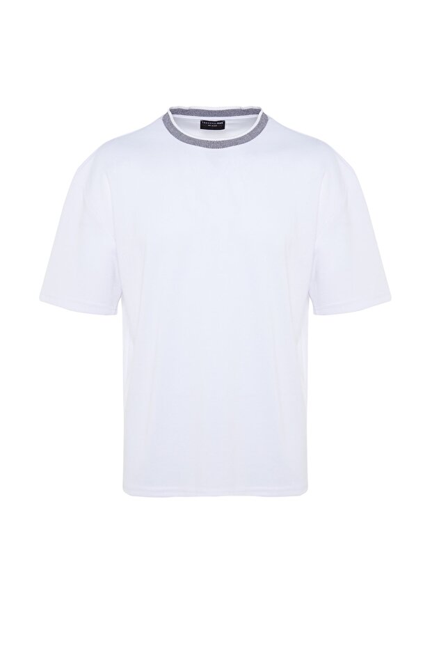 Basic Beyaz Relaxed/Rahat Kesim Triko Bant Dokulu Pike T-Shirt TMNSS23TS00079 - 7