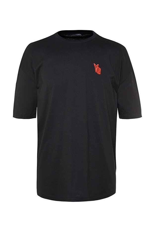 Siyah Oversize Bisiklet Yaka Kısa Kol Tilki Nakışlı %100 Pamuklu T-Shirt TMNSS23TS00182 - 6