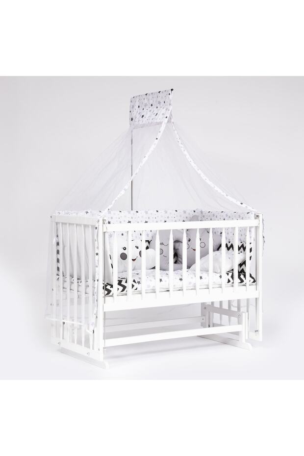 Süper Natural Ahşap Beşik 4 Kademeli Beyaz Anne Yanı Sallanır 60x120-b11 Gri Ay Uyku Seti+yataklı - 1