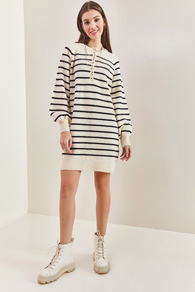 Women's White Black Striped Buttoned Soft Knitwear Dress 20235019