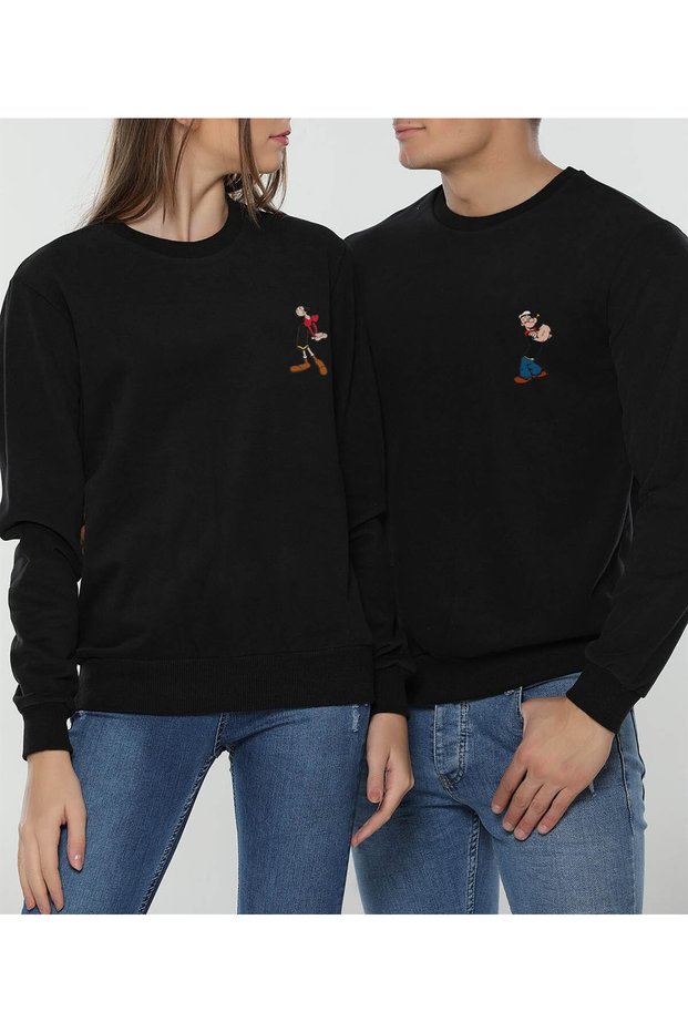 Unisex Lover Couple Combination - Popeye & Safinaz Printed - Black Crew Neck Sweat Set of 2