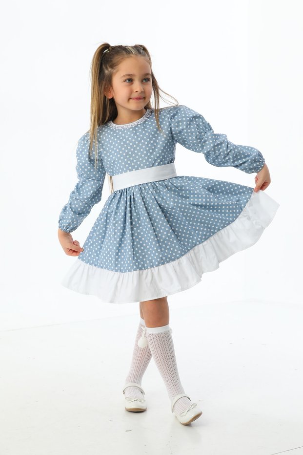 Blue Polka Dot Print Ruffled Girl's Dress