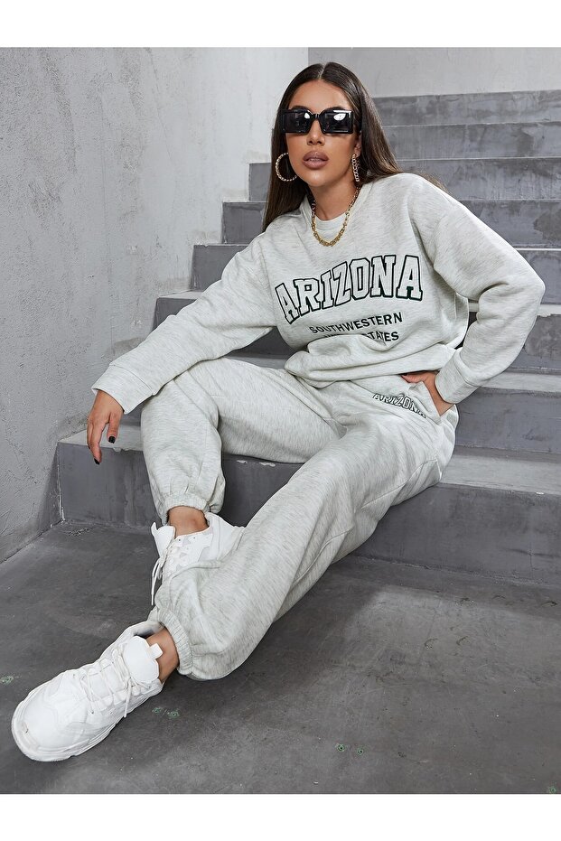 Women's Gray Arizona Bottom Top Tracksuit Set Oversize Crew Neck