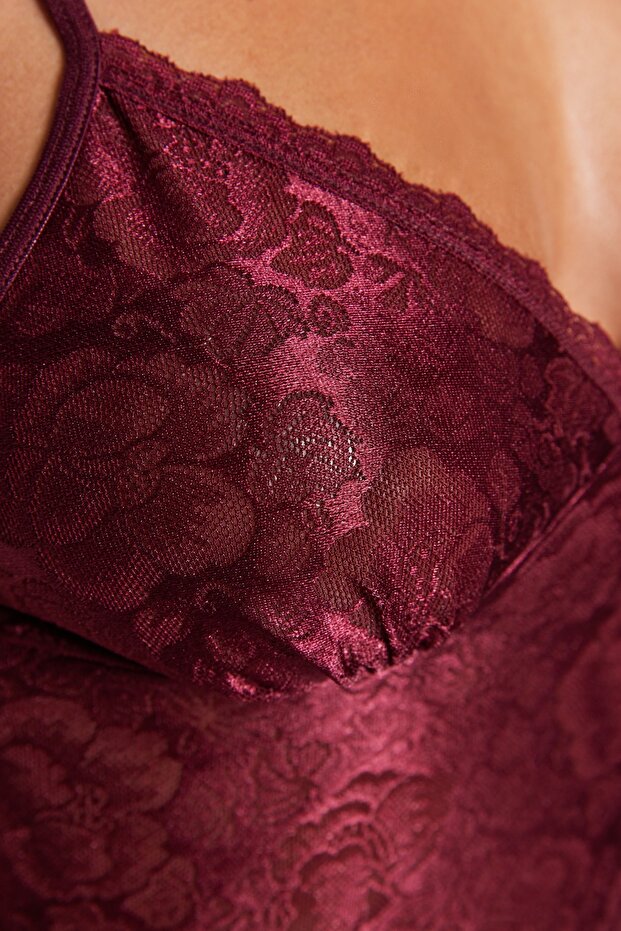 Bordo Dantelli Külotlu İp Askılı Örme Babydoll/Fantezi Gecelik THMAW21LL0002 - 4
