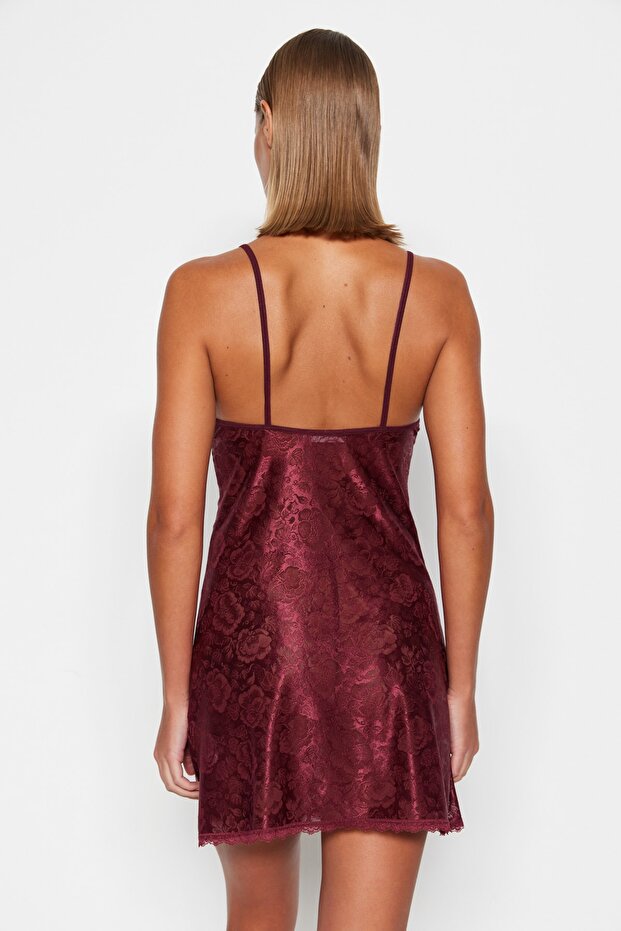 Bordo Dantelli Külotlu İp Askılı Örme Babydoll/Fantezi Gecelik THMAW21LL0002 - 5