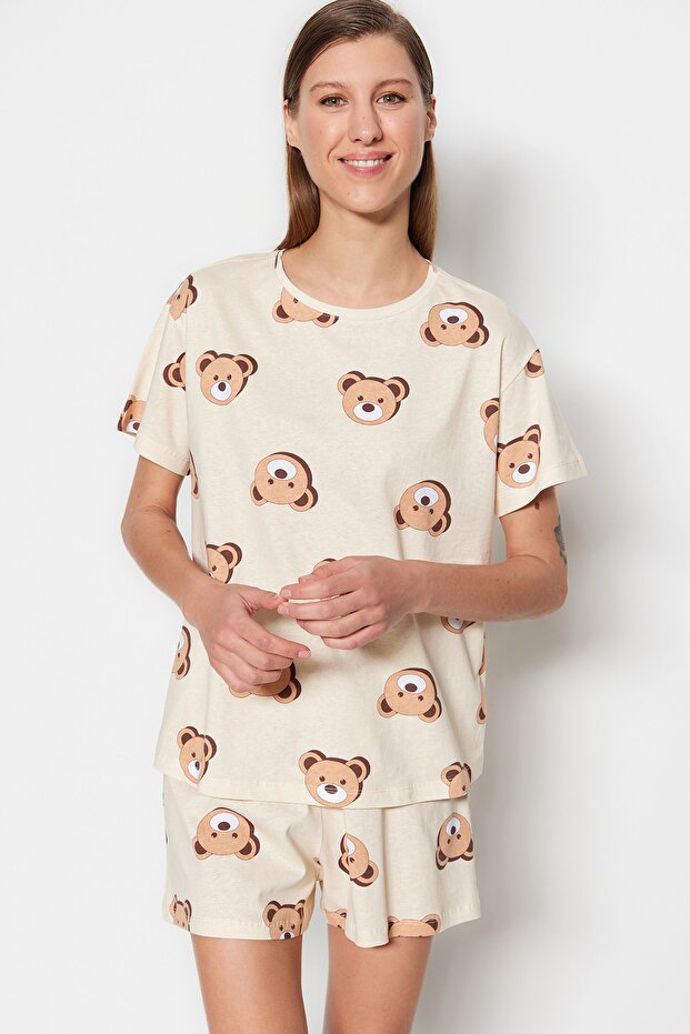 Ekru %100 Pamuklu Ayıcıklı Şortlu Örme Pijama Takımı THMSS23PT00005 - 3