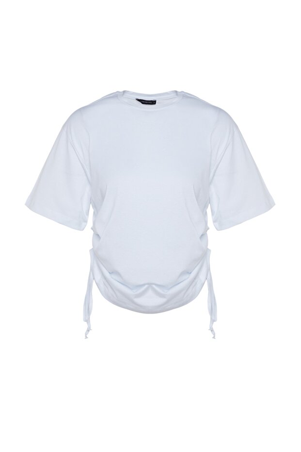 Beyaz %100 Pamuk Sırt Baskılı Büzgülü Oversize/Geniş Kesim Bisiklet Yaka T-Shirt TWOSS23TS00150 - 6