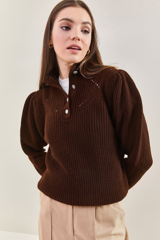 Women's Brown Collar Stone Embroidered Knitwear Sweater 20235014