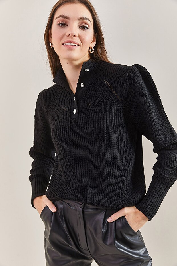 Women's Black Collar Stone Embroidered Knitwear Sweater 20235014