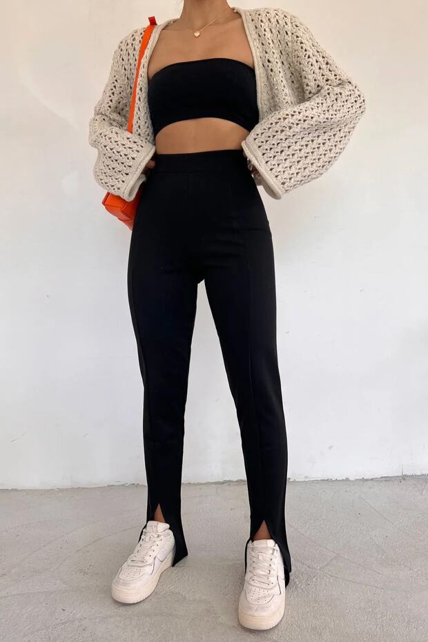 Black Women's Black Slit High Waist Elastic Interlock Steel Knitted Trousers Leggings Ty06
