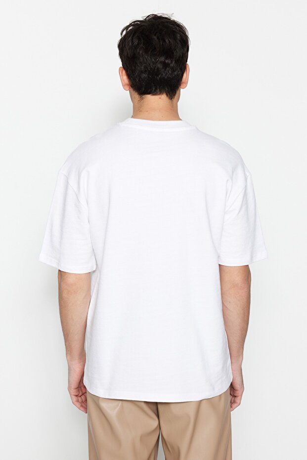 Beyaz Oversize %100 Pamuklu Etiketli Dokulu Basic Kalın Tok T-Shirt TMNSS23TS00074 - 3