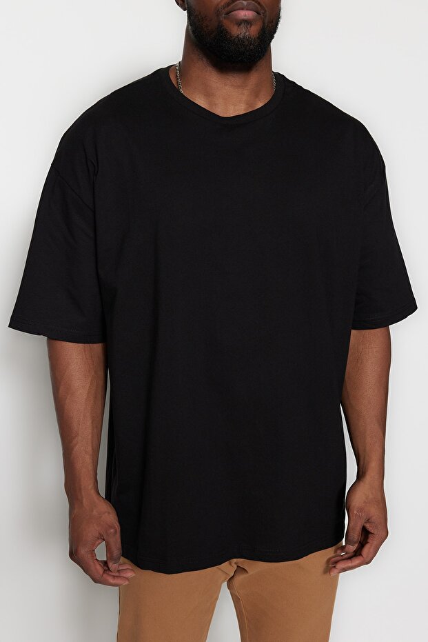 Büyük Beden Siyah Oversize/Geniş Kesim Rahat Basic %100 Pamuklu T-Shirt TMNSS23TS00139 - 10