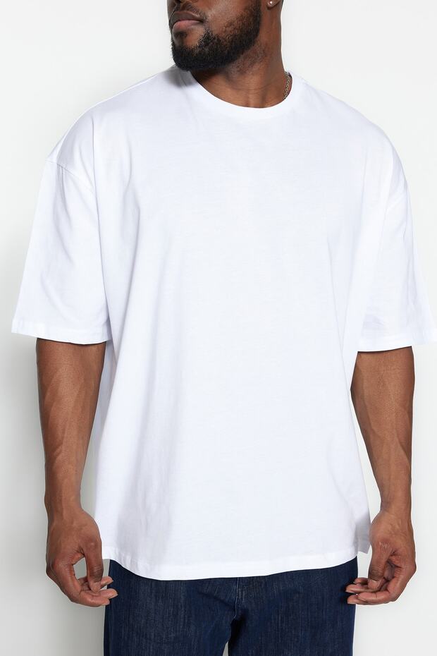 Büyük Beden Beyaz Oversize Rahat Basic %100 Pamuklu T-Shirt TMNSS23TS00139 - 9