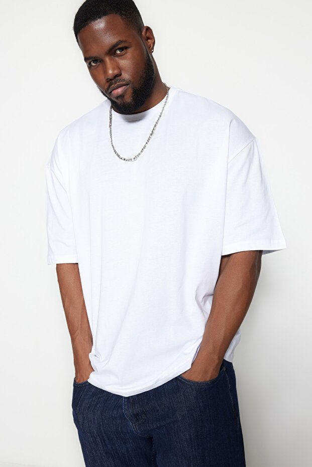 Büyük Beden Beyaz Oversize Rahat Basic %100 Pamuklu T-Shirt TMNSS23TS00139 - 11