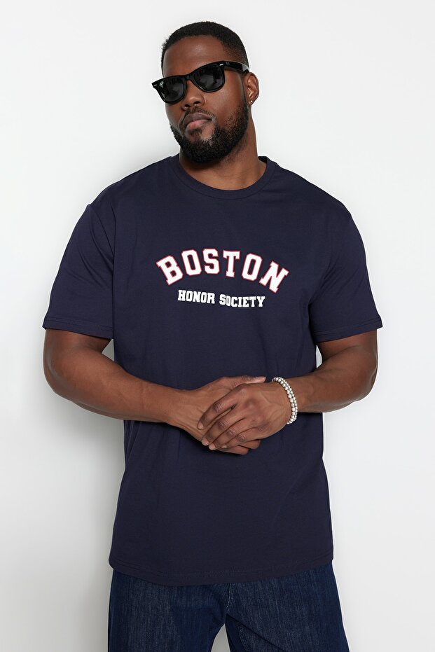 Büyük Beden Lacivert Oversize/Geniş Kesim Şehir Baskılı %100 Pamuklu T-Shirt TMNSS23TS00135 - 1