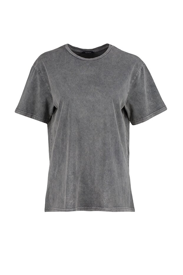 Antrasit %100 Kalın Pamuklu Soluk Efektli Sırt Baskılı Boyfriend Örme T-Shirt TWOSS23TS00109 - 15