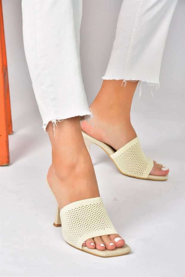 Beige Knitwear Fabric Heeled Women's Slippers P590033357