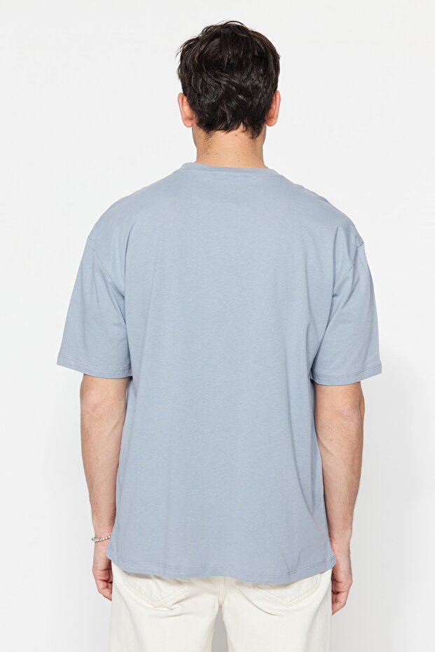 Gri Oversize/Geniş Kesim Bisiklet Yaka Yazı Baskılı %100 Pamuk T-Shirt TMNSS21TS1685 - 2