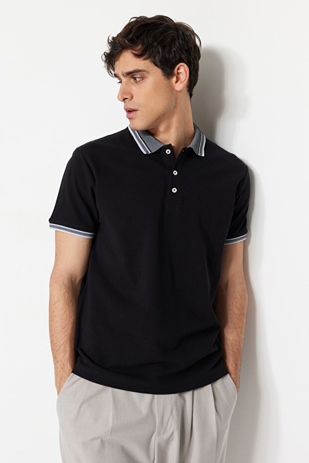 Siyah Slim/Dar Kesim %100 Polo Yaka T-shirt TMNSS22PO00014 - 2