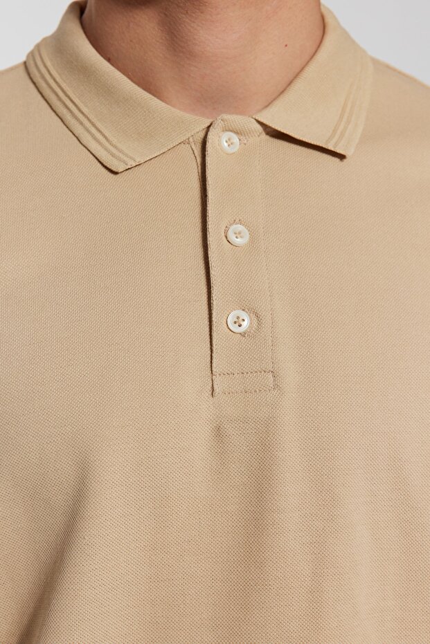 Bej Slim/Dar Kesim Yakası Çizgili Basic %100 Pamuk Polo Yaka T-shirt TMNSS20PO0009 - 3