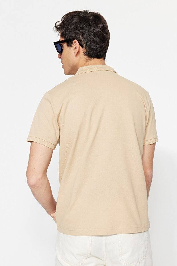 Bej Slim/Dar Kesim Yakası Çizgili Basic %100 Pamuk Polo Yaka T-shirt TMNSS20PO0009 - 6